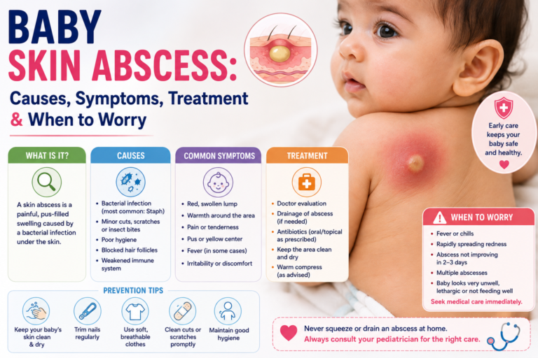 Baby skin abscess infographic showing a red swollen lump, symptoms, bacterial infection causes, treatment options, home care tips, and warning signs.