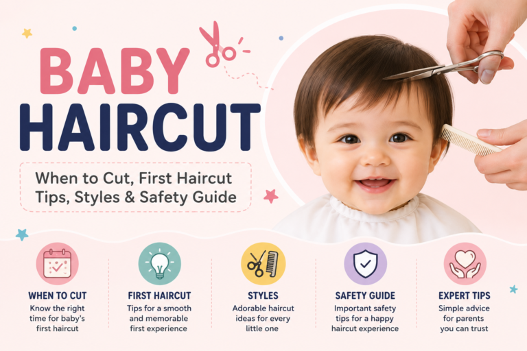 Baby haircut guide showing a toddler getting a first haircut with cute hairstyle ideas and safety tips