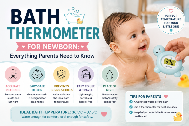 Digital bath thermometer floating in a newborn baby bath