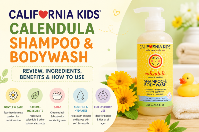 California Kids Calendula Shampoo & Bodywash bottle with calendula flowers, towel and bath accessories, highlighting its gentle formula, ingredients, benefits and everyday use for babies and kids.