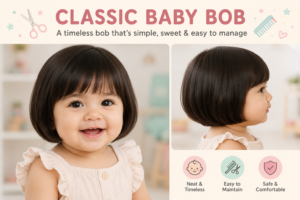 Classic baby bob haircut featuring a baby with a neat rounded bob and bangs, shown from front and side views in a soft pastel setting.