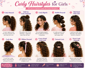 Infographic titled "Curly Hairstyles for Girls: 10 Cute & Stylish Looks for Every Occasion" featuring ten adorable curly hairstyle ideas for girls, including a curly ponytail, half-up curly hairstyle, curly pigtails, bubble ponytail, side braid with curls, curly bun, ribbon ponytail, crown braid with curls, twisted curls, and a floral curly hairstyle. Each style is illustrated with a portrait and short description, while the footer provides curly hair care tips such as using sulfate-free shampoo, conditioning regularly, using a wide-tooth comb, applying curl cream or leave-in conditioner, and protecting curls overnight with satin or silk.