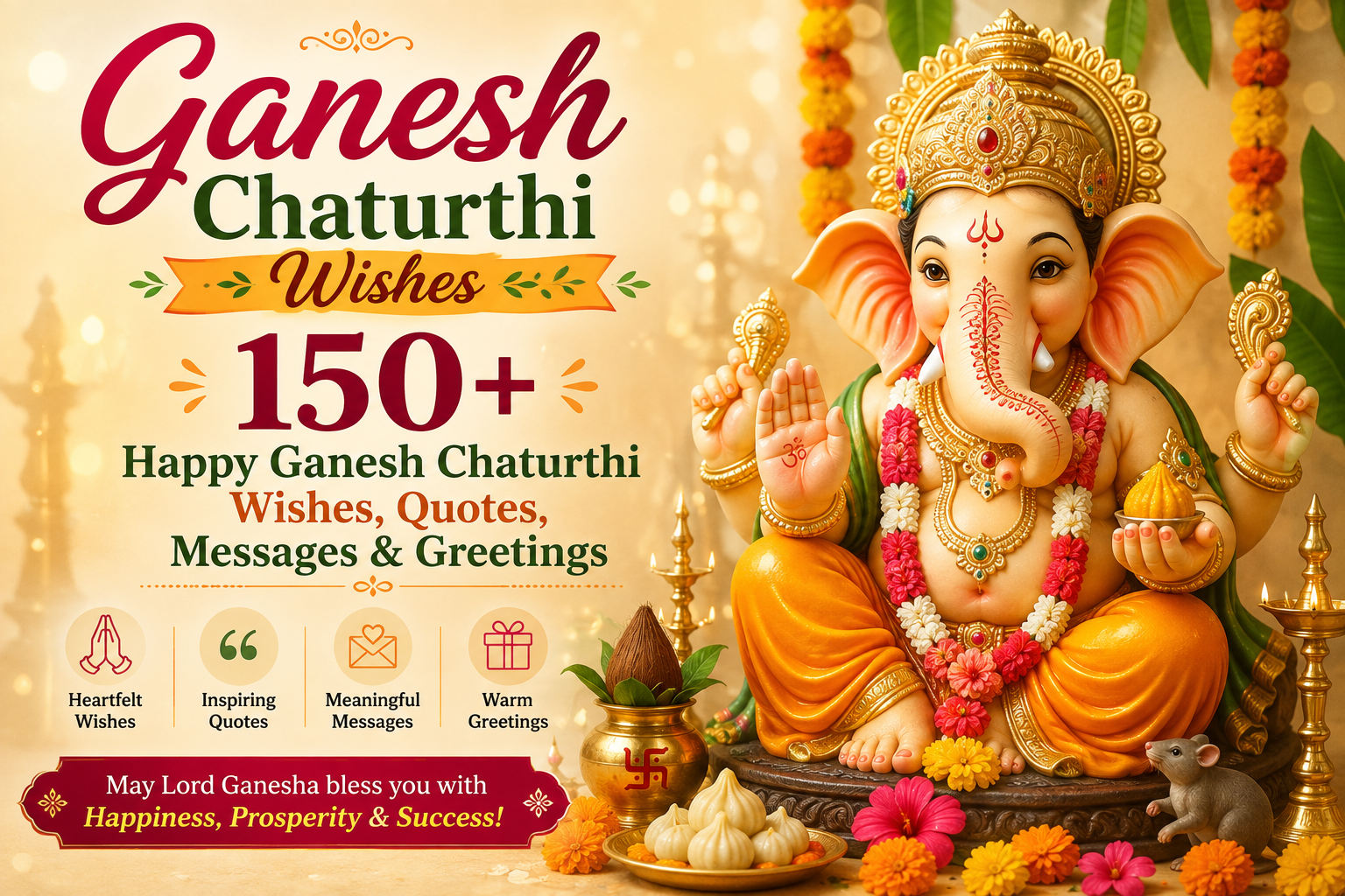Happy Ganesh Chaturthi wishes with Lord Ganesha idol, modaks, flowers, and festive decorations