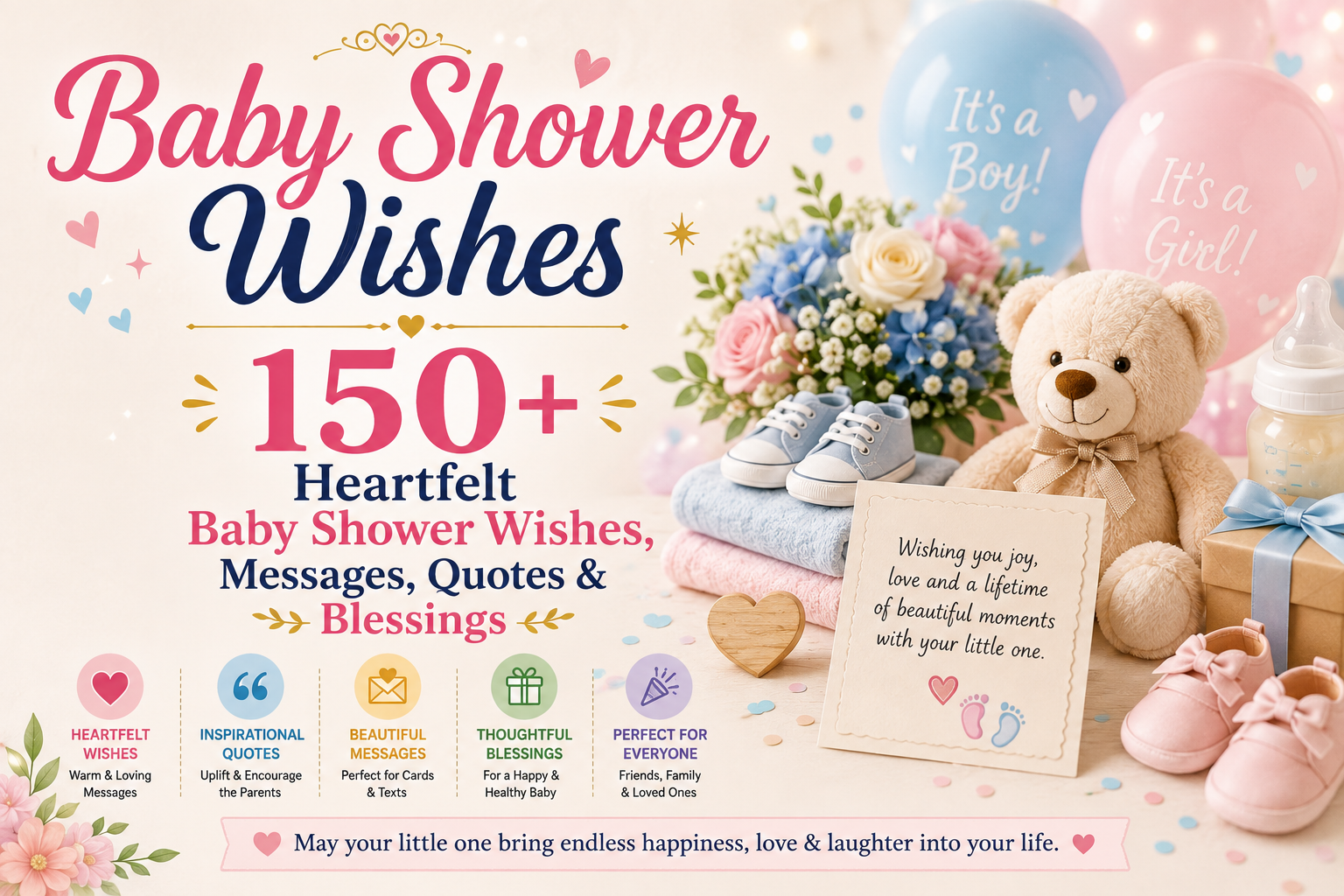 Baby shower wishes with expecting parents, baby gifts, balloons, teddy bear, and celebration decorations