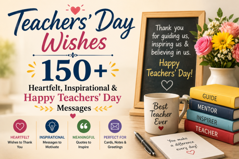Happy Teachers' Day wishes with a teacher, students, books, flowers, and greeting card