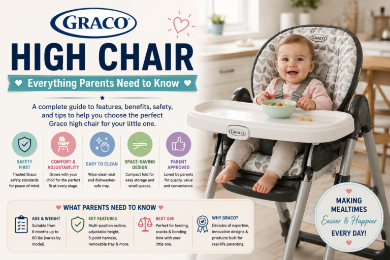 Baby sitting safely in a Graco high chair during mealtime