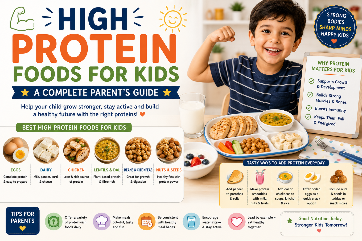 Healthy high protein foods for kids including eggs, paneer, yogurt, lentils, beans, fish, milk, and nuts