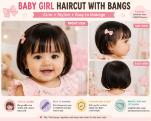Baby girl haircut with straight bangs and a short bob, shown from front, side, and back views with a cute pink bow accessory.