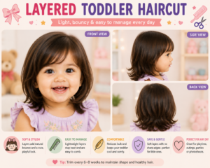 Layered toddler haircut with soft, feathered layers and wispy bangs, shown from front, side, and back views in a pastel setting.