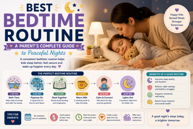 Best bedtime routine for babies, toddlers, and kids including bath time, bedtime story, brushing teeth, pajamas, and lights out