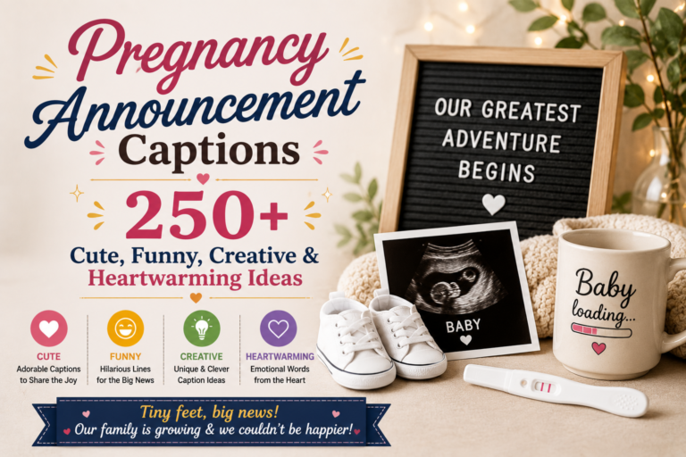 Pregnancy announcement captions with expecting couple holding ultrasound photo and baby shoes