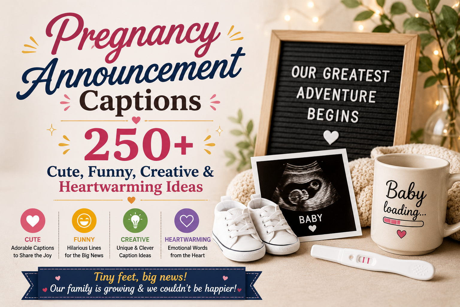 Pregnancy announcement captions with expecting couple holding ultrasound photo and baby shoes