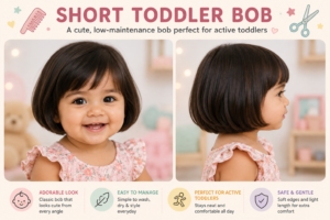 Short toddler bob haircut featuring a smiling toddler with a neat chin-length bob, shown from front and side views in a soft pastel setting.