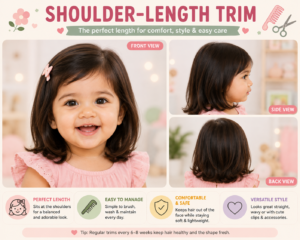 Shoulder-length toddler haircut with neatly trimmed hair falling to the shoulders, shown from front, side, and back views in a soft pastel setting.