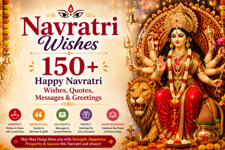 Happy Navratri wishes with Goddess Durga, Garba dancers, diyas, flowers, and festive decorations