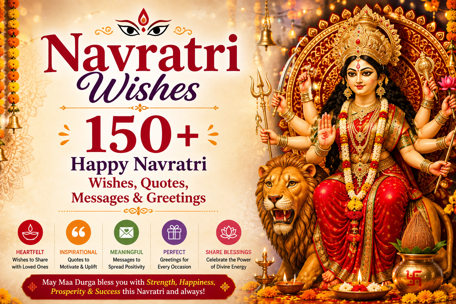 Happy Navratri wishes with Goddess Durga, Garba dancers, diyas, flowers, and festive decorations