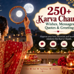 Happy Karva Chauth wishes with moon, puja thali, married couple, and festive decorations