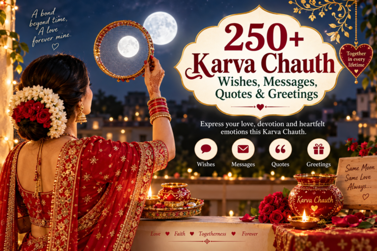Happy Karva Chauth wishes with moon, puja thali, married couple, and festive decorations