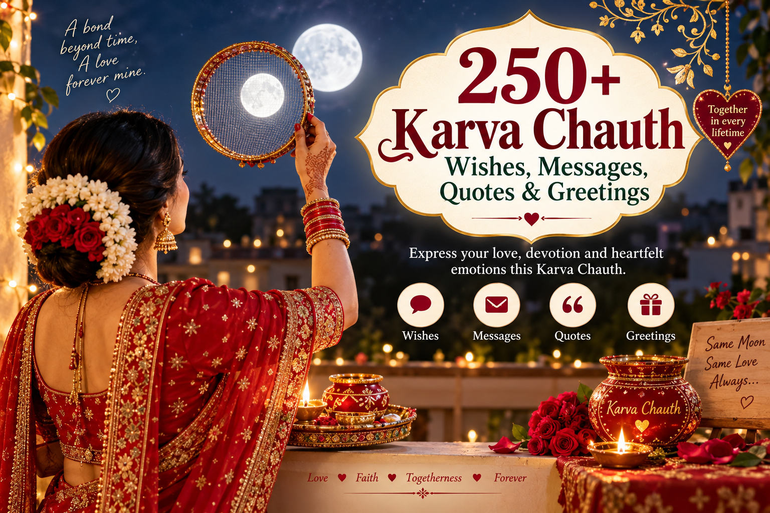 Happy Karva Chauth wishes with moon, puja thali, married couple, and festive decorations
