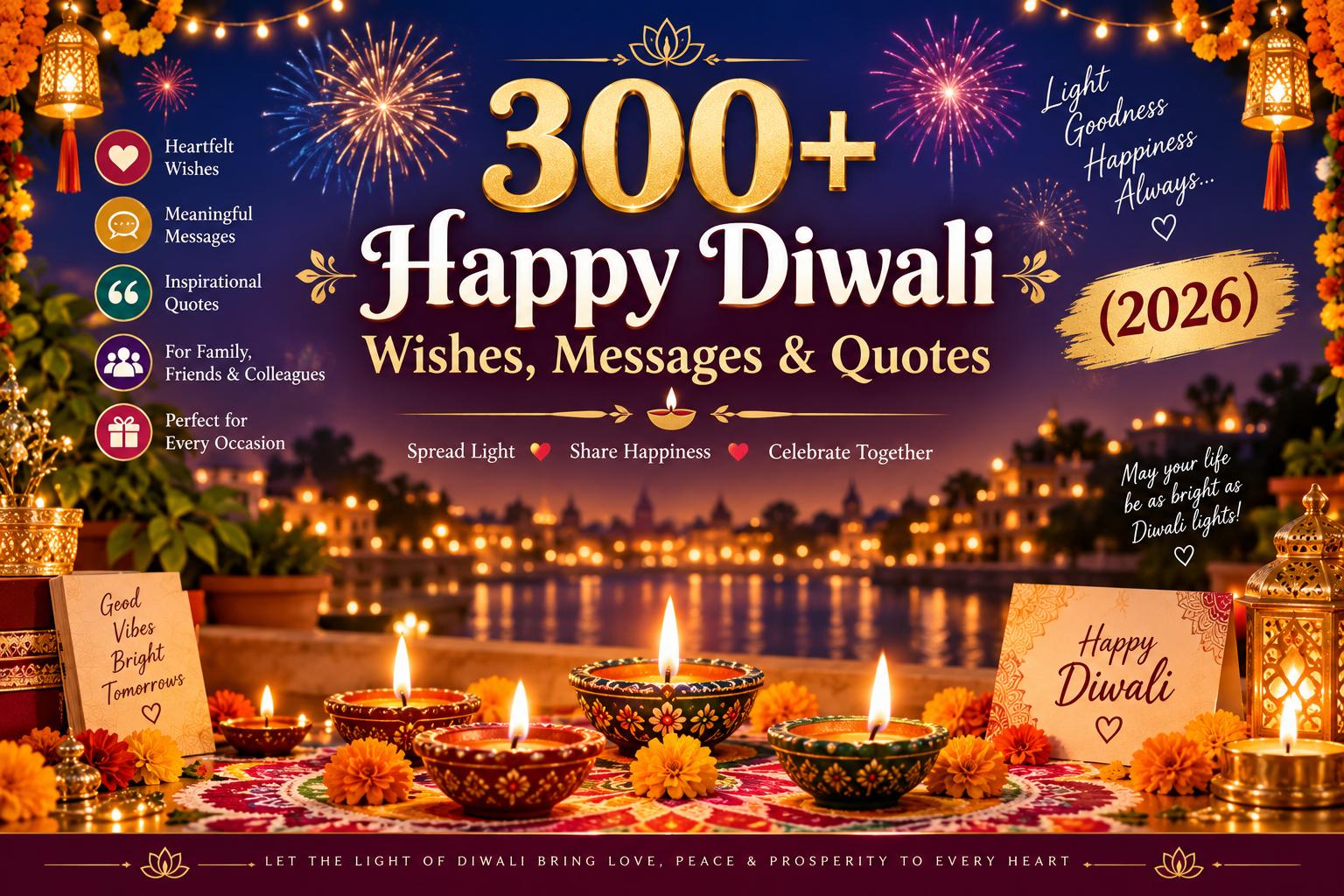 Happy Diwali wishes with diyas, rangoli, fireworks, Lakshmi Puja, and festive decorations