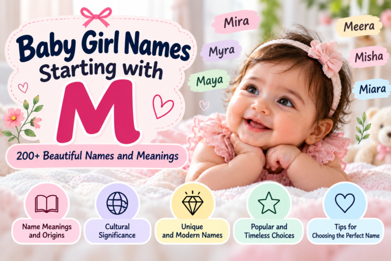 Baby girl names starting with M, with name examples, meanings, origins and naming ideas.