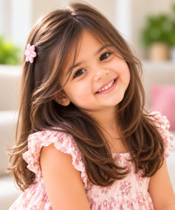 Little girl with a medium-length face-framing haircut.