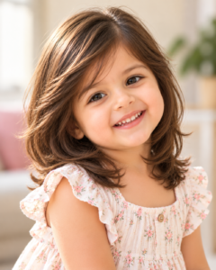 Baby girl with a soft layered haircut.