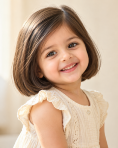 Baby girl with a cute short bob haircut.