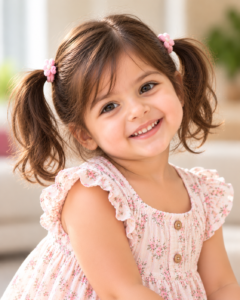 Baby girl with two cute pigtails.