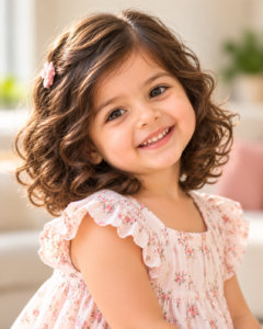 Baby girl with a natural curly haircut.