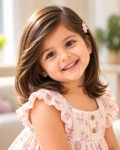 Baby girl with a simple side-parted hairstyle.
