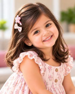 Toddler girl with a side hair clip hairstyle.