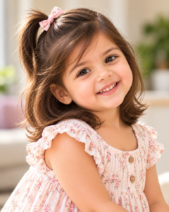 Toddler girl with a small ponytail hairstyle.