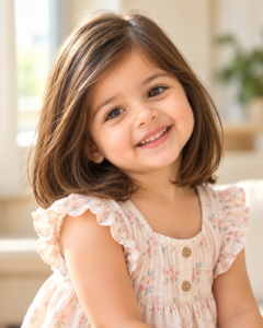 Toddler girl with a shoulder-length haircut.