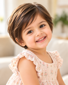 Baby girl with a short pixie haircut.