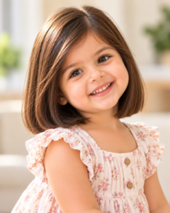 Toddler girl with a neat blunt bob haircut.