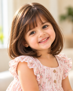 Toddler girl with a bob haircut and bangs.