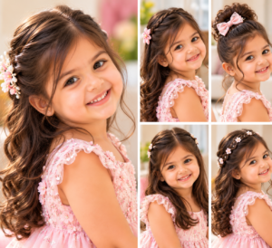 Toddler girl with a simple hairstyle for a special occasion.