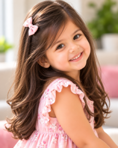 Toddler girl with long hair and a simple haircut.