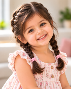 Little girl with two simple braids.