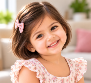 Baby girl with fine hair and a simple short haircut.
