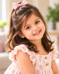 Toddler girl wearing a simple half-up hairstyle.