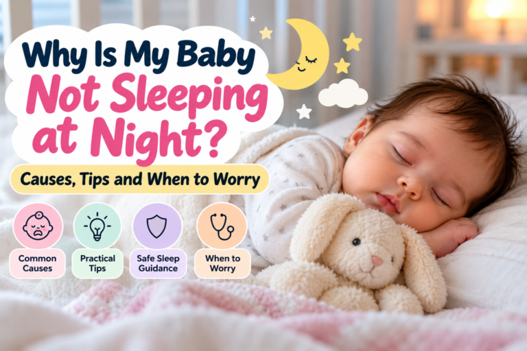 Featured image for “Why Is My Baby Not Sleeping at Night?” — sleeping baby and gentle bedtime guidance.